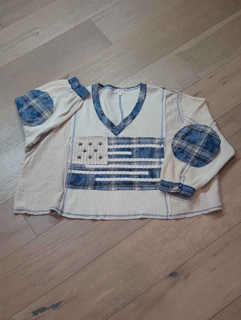 EUC POL American Flag Shirt Women's M Cream/Blue Waffle Knit Patch Long Sleeve